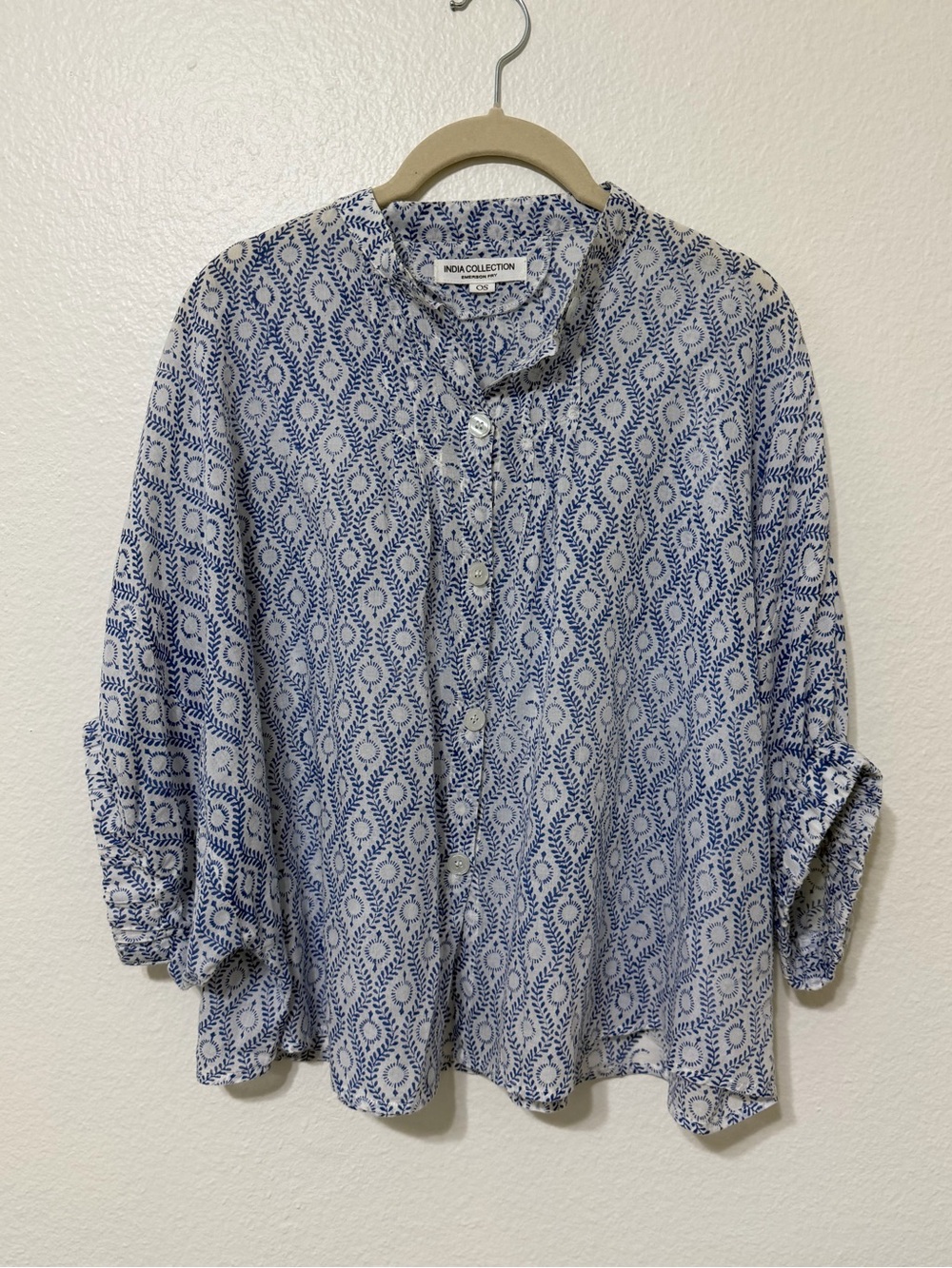Emerson Fry India Collection Blouse Top Women’s O/S Blue Boxy Organic Cotton